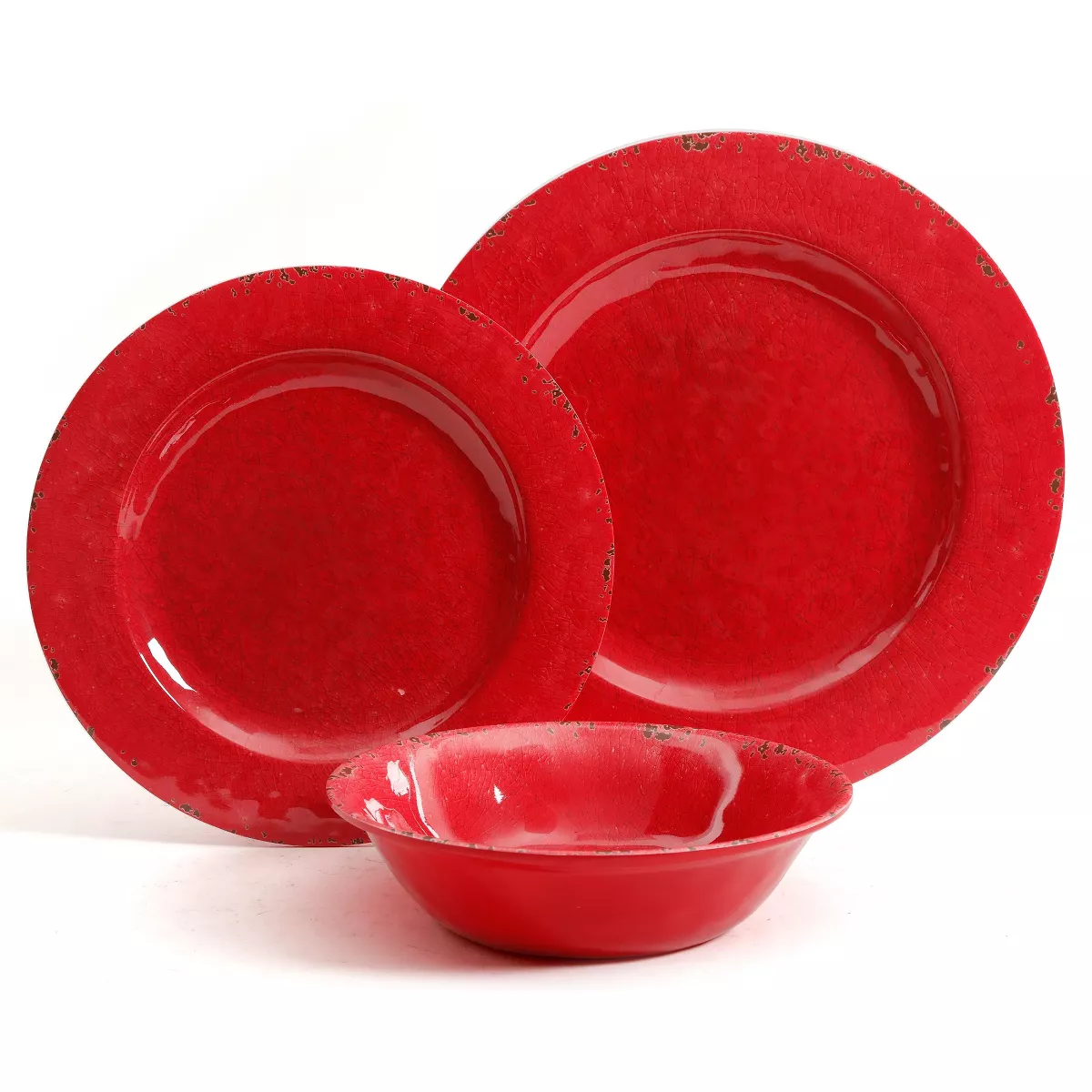 Gibson Studio California Mauna Elegant 12-Piece Durable Chip Resistant Melamine Dinnerware Set with 4 Dinner Plates, 4 Dessert Plates, & 4 Bowls, Red