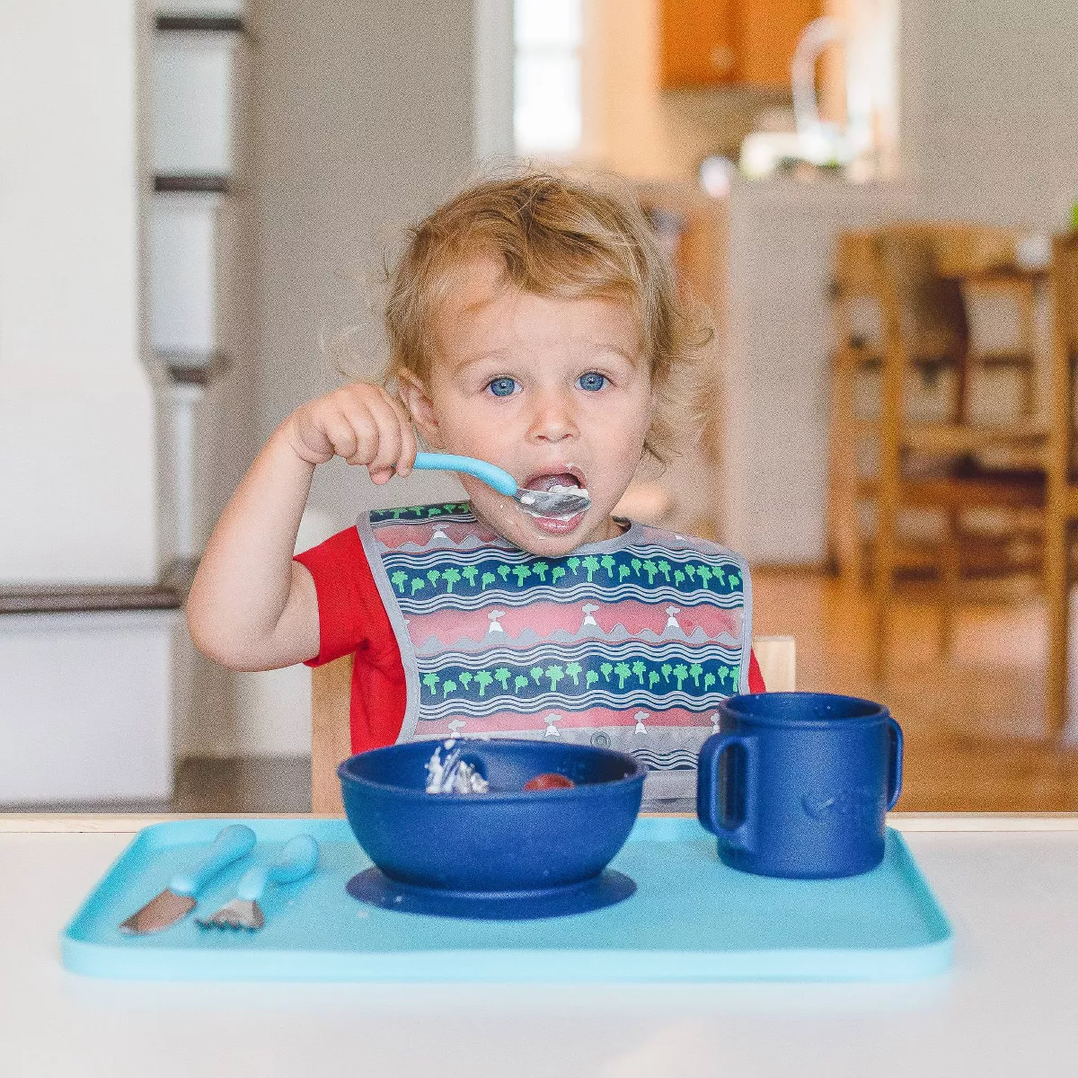 green sprouts Snap & go Wipe-off Bibs Blue Dinosaurs 9-18M - 3pk
