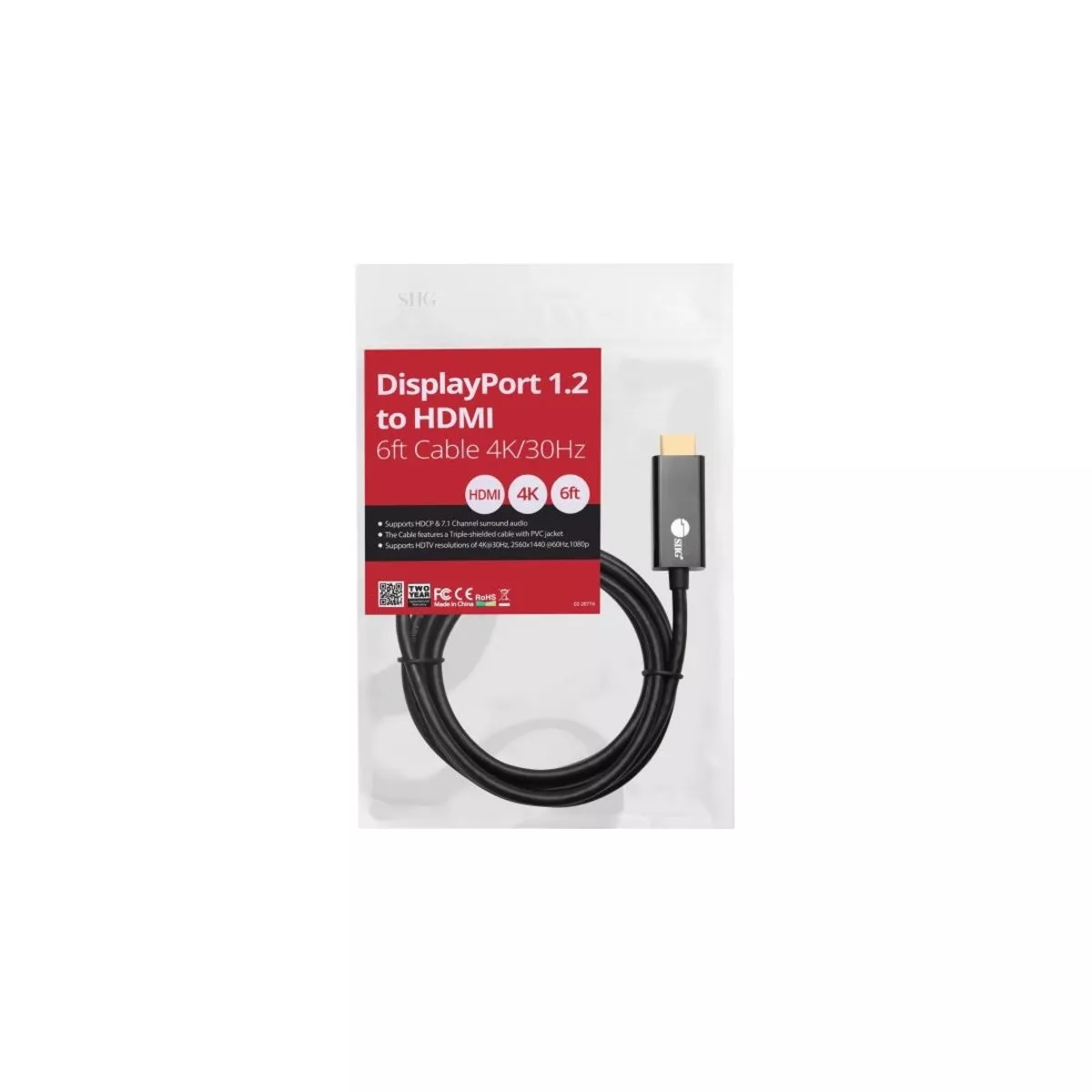 SIIG DisplayPort 1.2 To HDMI 6ft Cable 4K/30Hz - 6 ft DisplayPort/HDMI A/V Cable for Audio/Video Device, HDTV, PC, Monitor, Notebook, Desktop Computer