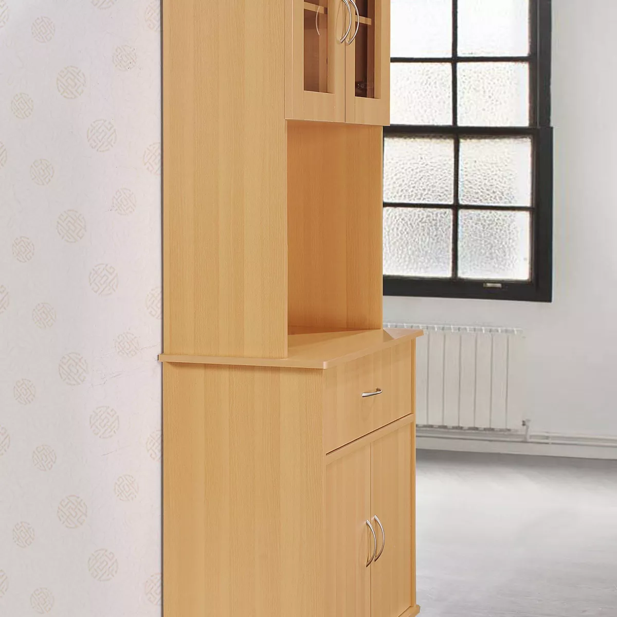 Kitchen Cabinet with Top and Bottom Compartment Pale Cream - Hodedah