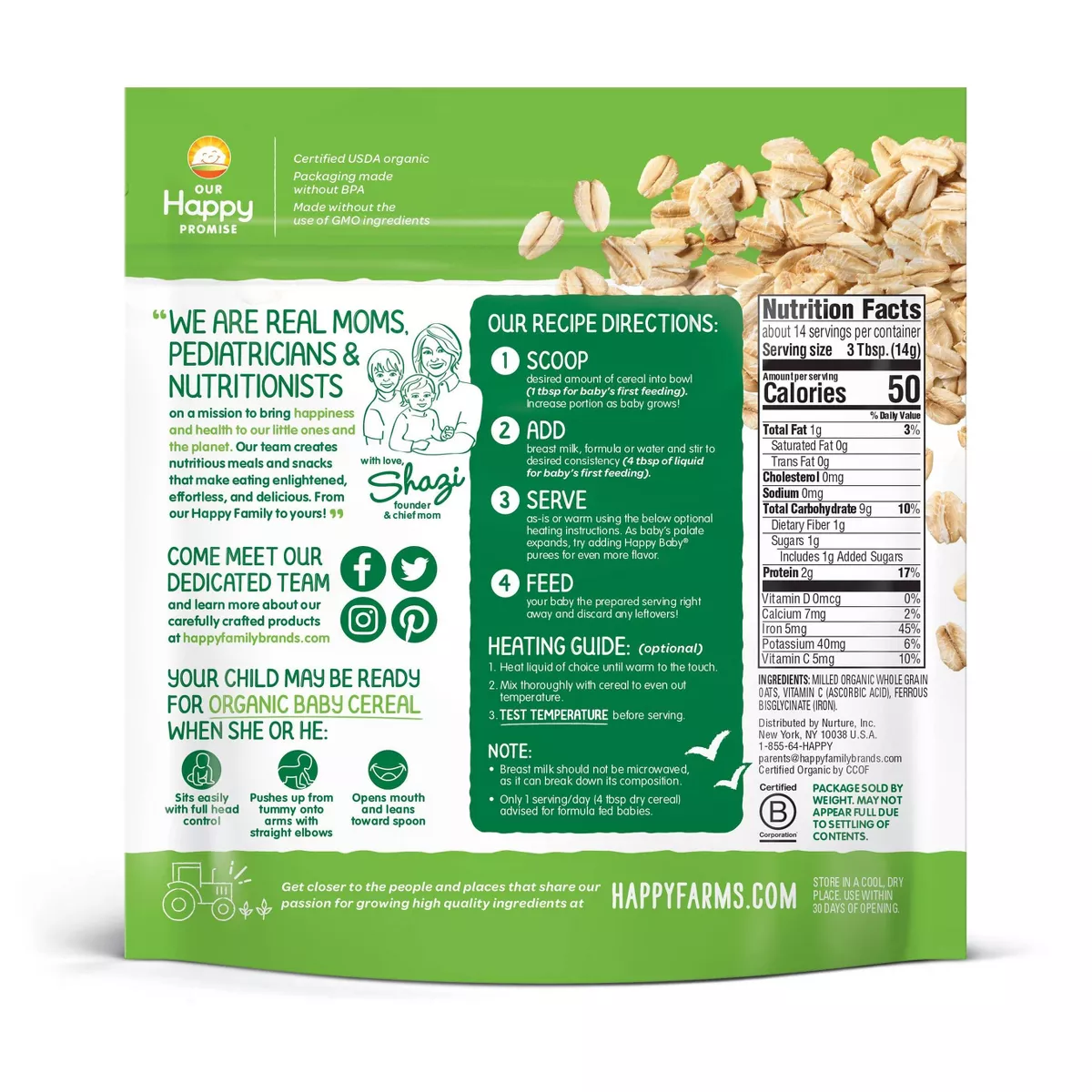 HappyBaby Clearly Crafted Oatmeal Baby Cereal - 7oz
