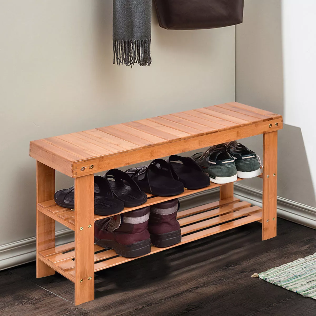 Costway 3 Tier Bamboo Shoe Rack Bench Storage Shelf Organizer Entryway Home Furni