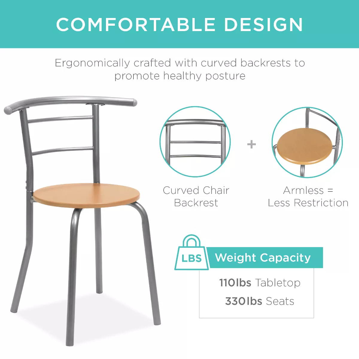 Best Choice Products 3-Piece Wood Dining Room Round Table & Chairs Set w/ Steel Frame, Built-In Wine Rack - Natural