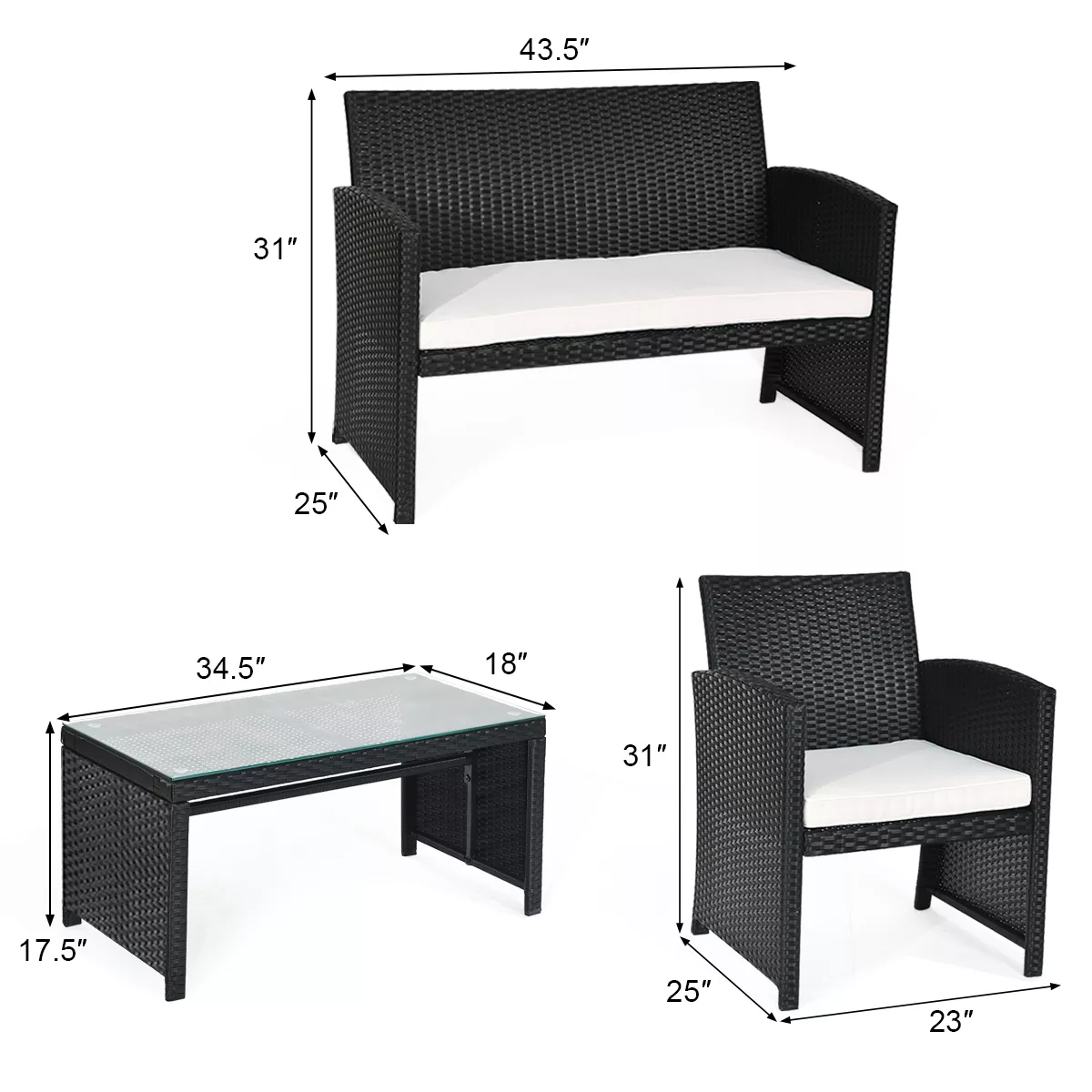 Costway 4PCS Patio Rattan Furniture Set Table &Sofa W/Cushion Garden Black