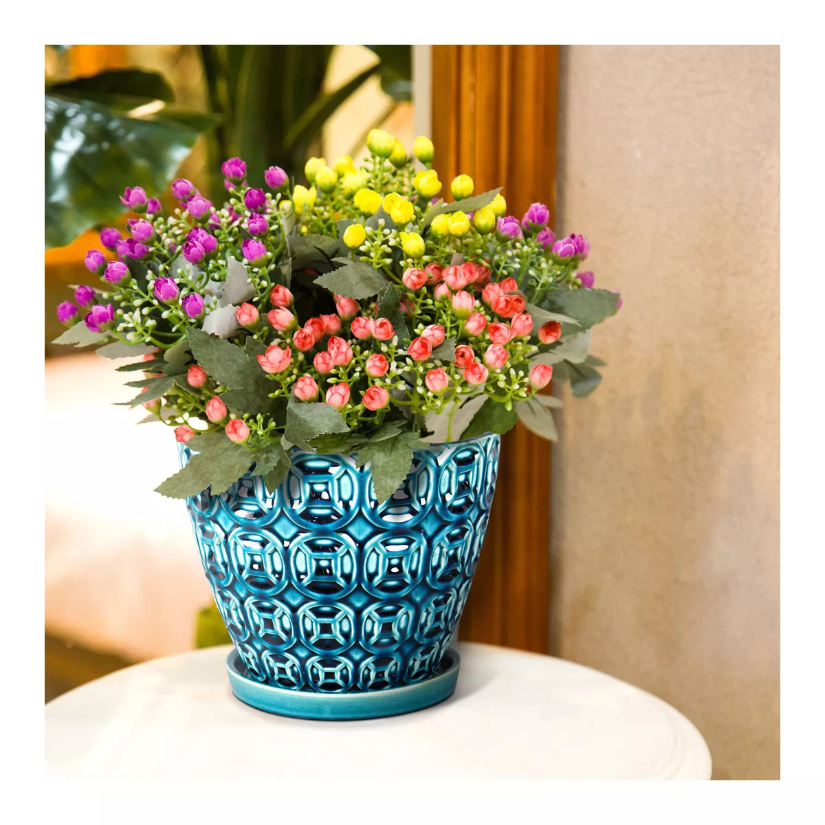 Southern Patio 12 Inch Ceramic Clay Mayer Flower Planter & Saucer Tray, Seafoam