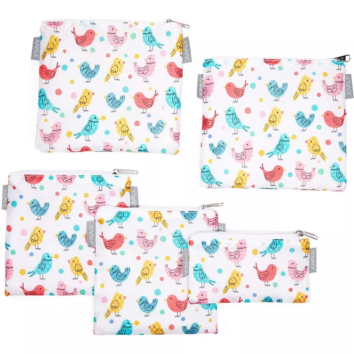 Juvale 5 Pack Resealable Plastic Bags, Colorful Bird Reusable Snack Bags with Zipper (3 Sizes)