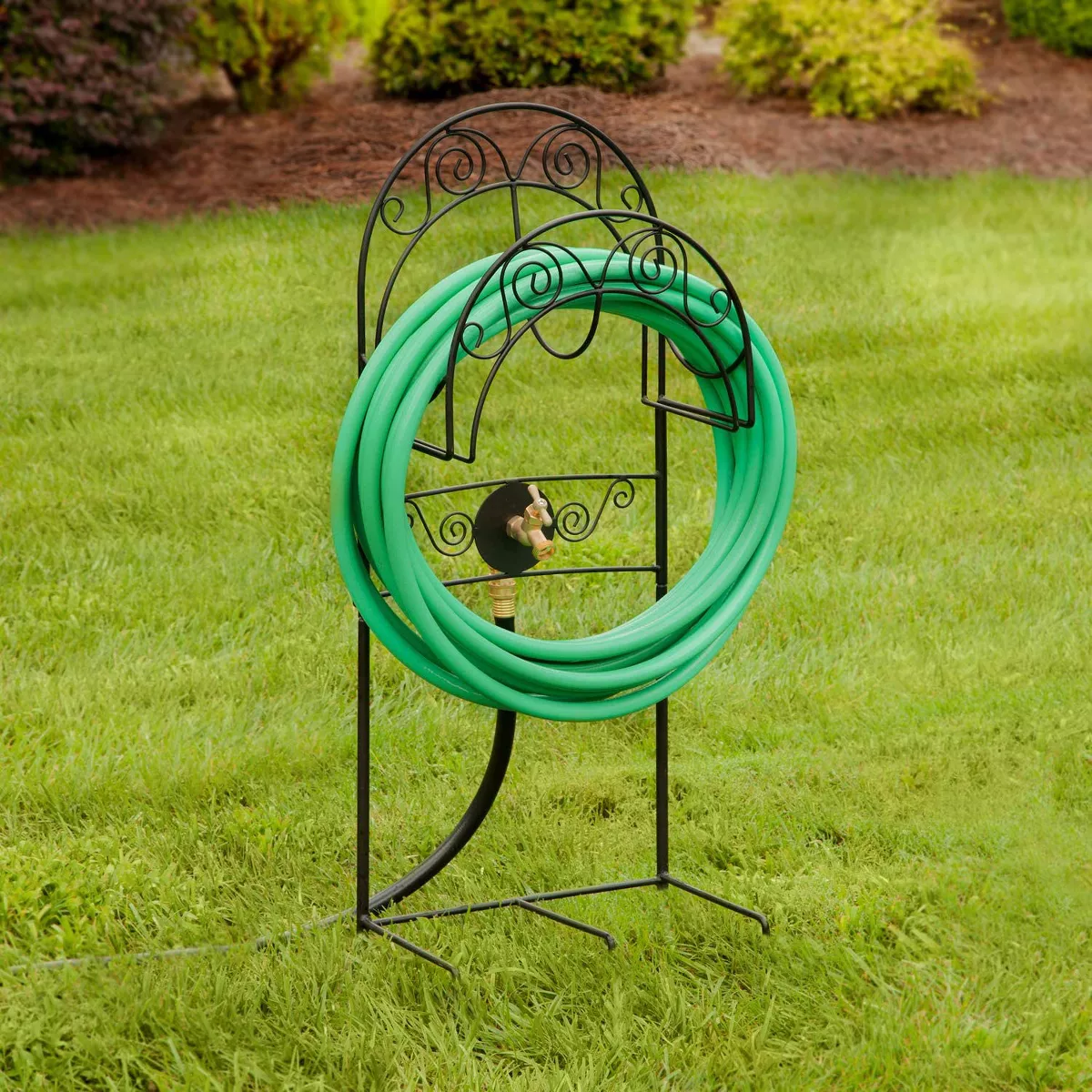 Liberty Garden 640-KD Outdoor Carrington Decorative Steel Lawn Backyard Hose Holder Stand for 125 Feet of 5/8 Inch Thick Hose with Bib, Black