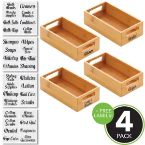 mDesign Bamboo Wood Storage Bin with Handles, 32 Labels, Set of 5 - Natural
