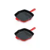 NutriChef 2 x NCCIES47 11 Inch Square Nonstick Cast Iron Skillet Griddle Grill Pan with Porcelain Enamel Coating, and Side Pour Spouts, Red (2 Pack)