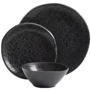 Gibson Home Yoko Elegant 12-Piece Durable Chip Resistant Melamine Dinnerware Set with 4 Dinner Plates, 4 Dessert Plates, and 4 Bowls, Matte Black