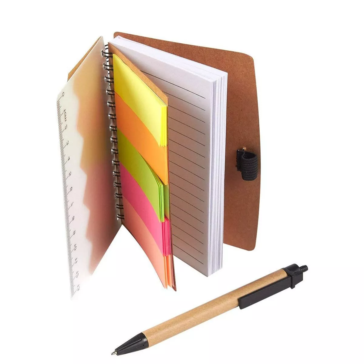 Juvale Spiral Notebook - 6-Pack Lined Notebook with Sticky Notes and Pen, Multi-Functional Memo Book, Brown, 5.5 x 0.5 x 4.25 inches