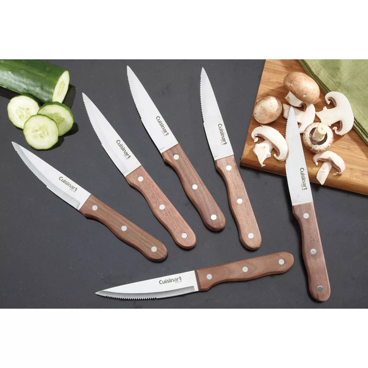 Cuisinart 6pc Stainless Steel Triple Rivet Walnut Steak Knife Set With Blade Guards- C55W-S6STK