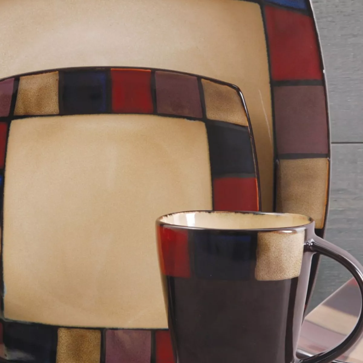 Gibson Elite Soho Lounge 16 Piece Soft Square Stoneware Dinnerware Set in Mosaic