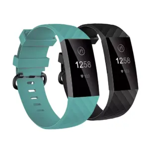 Insten 2-Pack Soft TPU Rubber Replacement Band For Fitbit Charge 4 & Charge 3, Black+Light Blue
