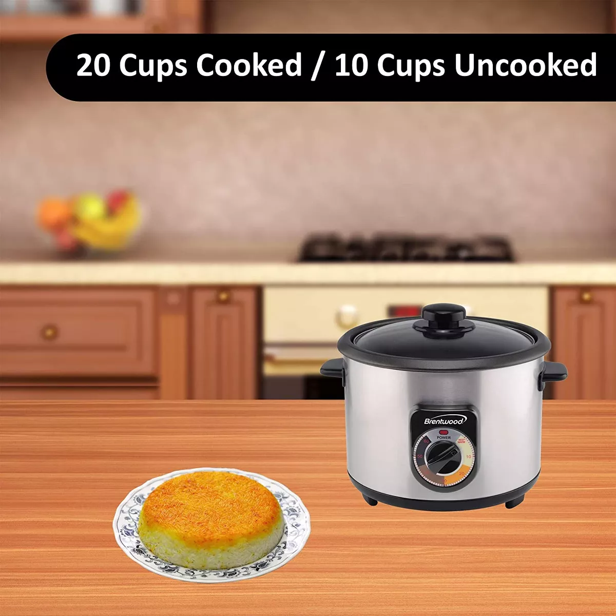 Brentwood TS-1020S 700 Watt 20 Cup Persian Style Crunchy Tahdig Scorched Rice Cooker with 60 Minute Timer, Silver
