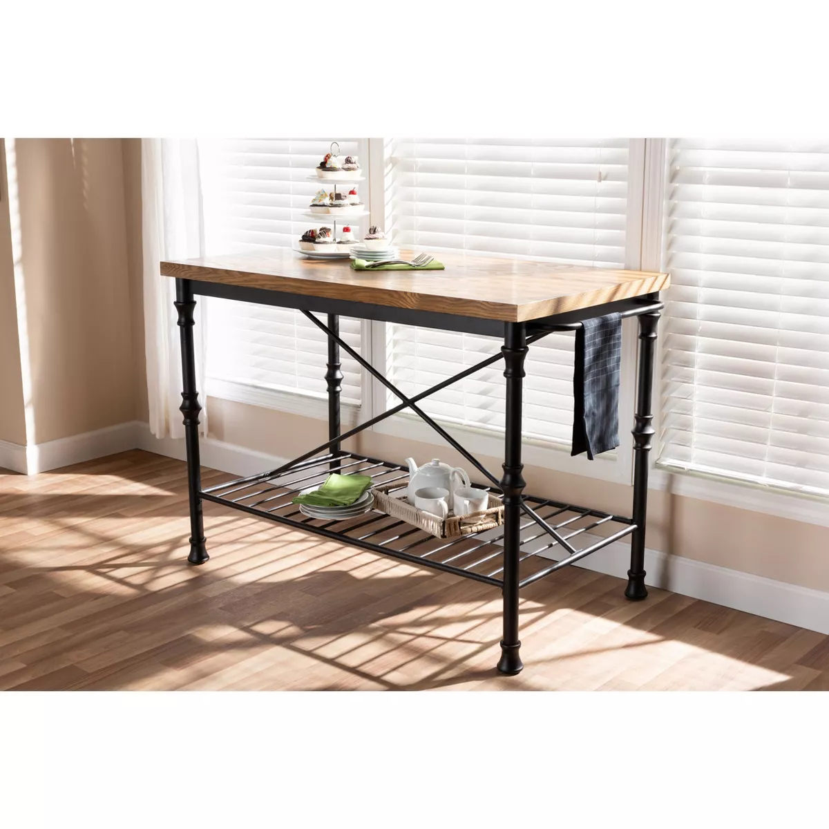 Perin Wood Finished Steel Multipurpose Kitchen Island Table Brown/Bronze - BaxtonStudio