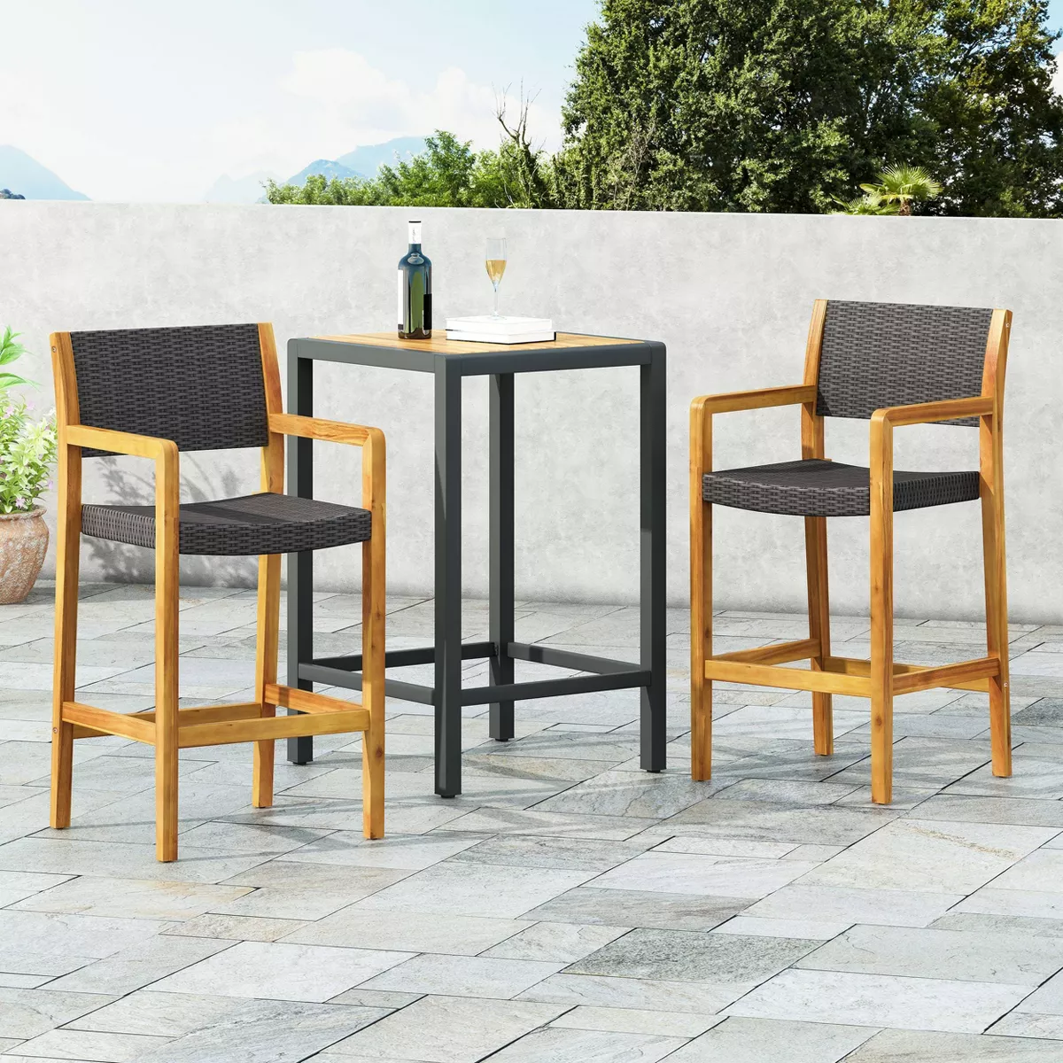 Genesee 2pk Acacia Wood Bar Stools - Teak/Black - Christopher Knight Home