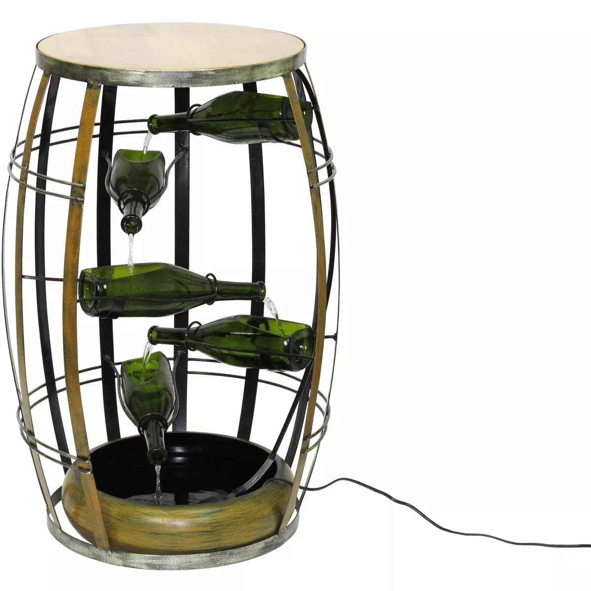 Vintiquewise Vintage Metal Barrel Design Cascading Waterfall Floor Water Fountain with Tiering Wine Bottles Yard Art Decor