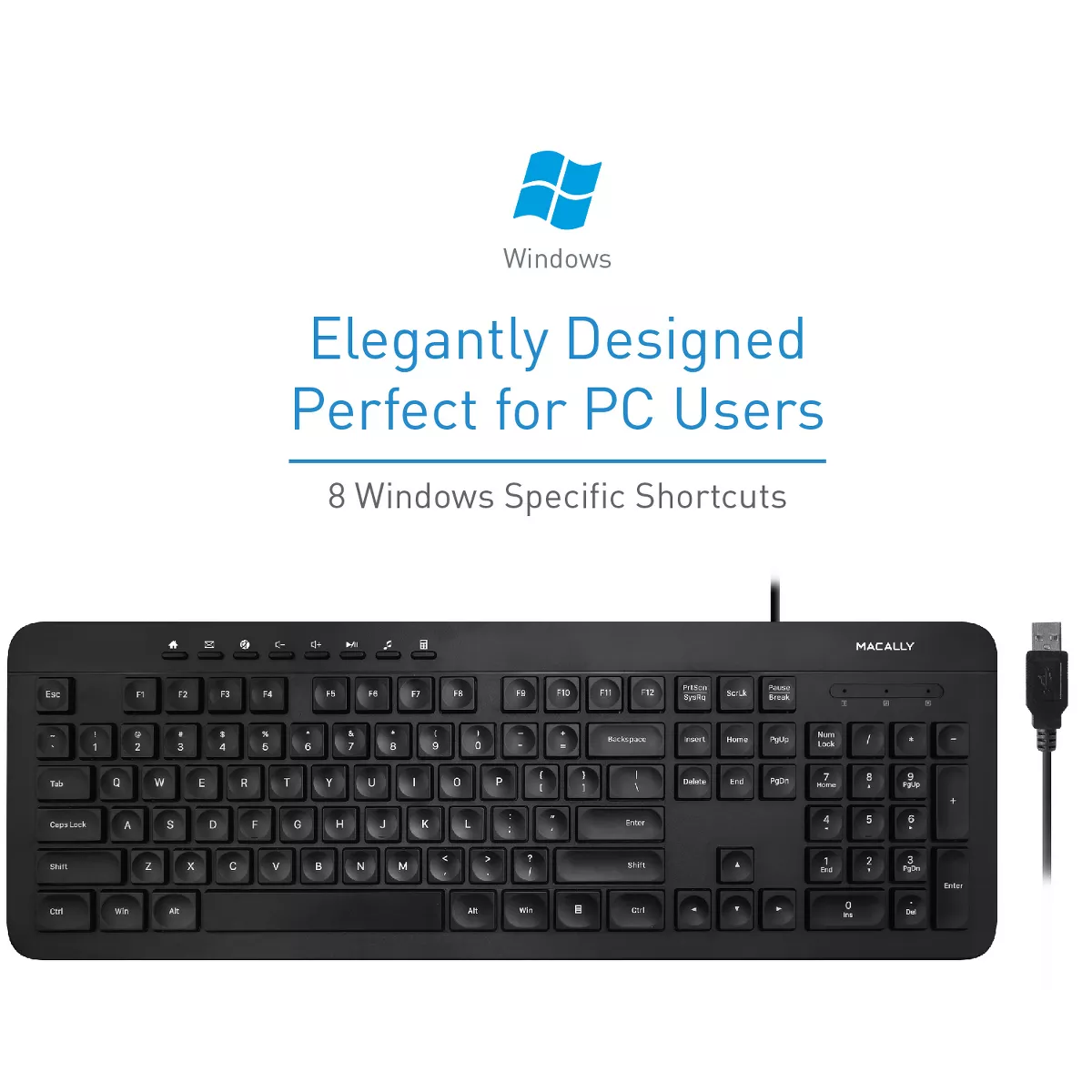 Macally USB Wired Slim Soft Quiet 112 Keys and 8 Shortcuts Full Keyboard