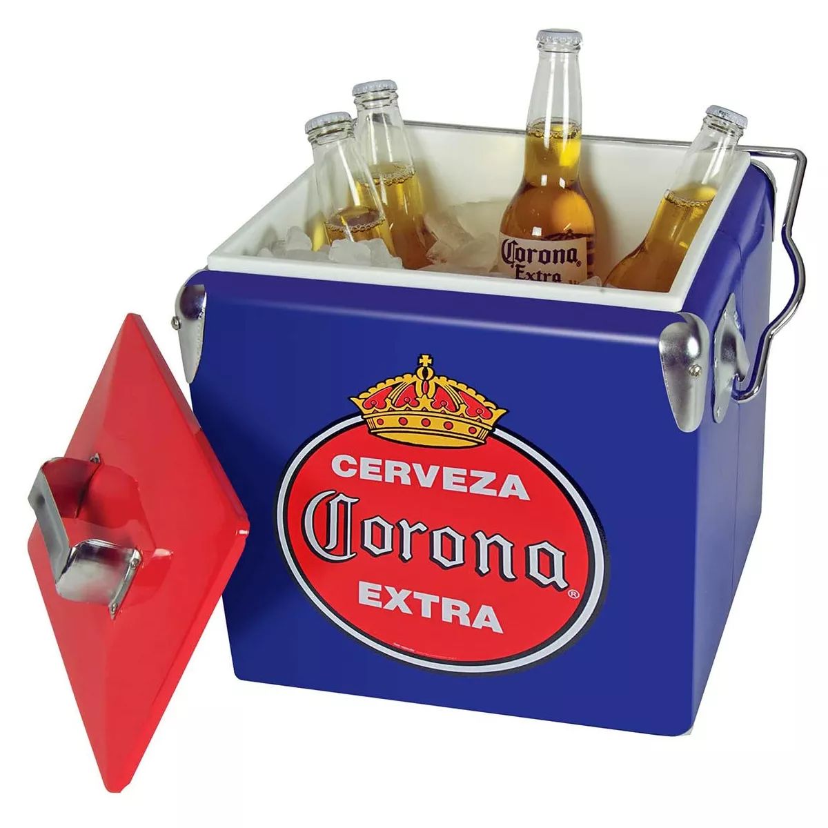 Koolatron 14 Quart 18 Can Capacity Portable Retro Corona Ice Chest Stainless Steel Hard Cooler with Built In Bottle Opener and Self Locking Lid, Blue