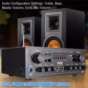 Pyle PTA24BT 250 Watt 2 Channel Compact Wireless Bluetooth Home Audio Amplifier Stereo Receiver Sound System with Microphone Inputs and Remote
