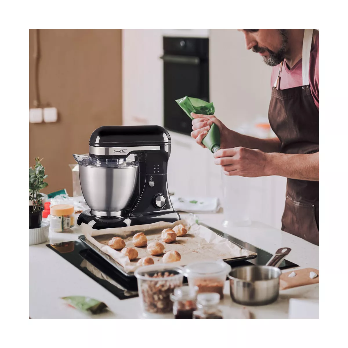Geek Chef GSM45B Stainless Steel 4.8 Quart Bowl 12 Speed Kitchen Countertop Baking Food Stand Mixer with Beater Paddle, Dough Hook, and Whisk, Black