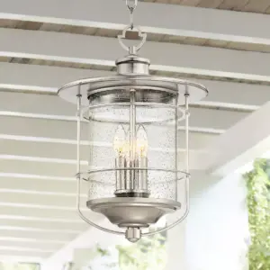 Franklin Iron Works Industrial Outdoor Light Hanging Lantern Brushed Nickel Damp Rated 19