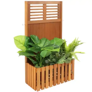 Sunnydaze Outdoor Garden Meranti Wood with Teak Oil Finish Planter Box with Privacy Screen and 2 Hooks for Hanging Basket Planters - 44