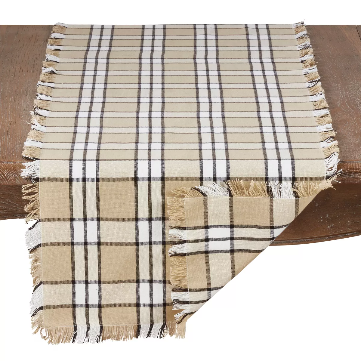 Saro Lifestyle Khaki Cotton Table Runner With Plaid Design