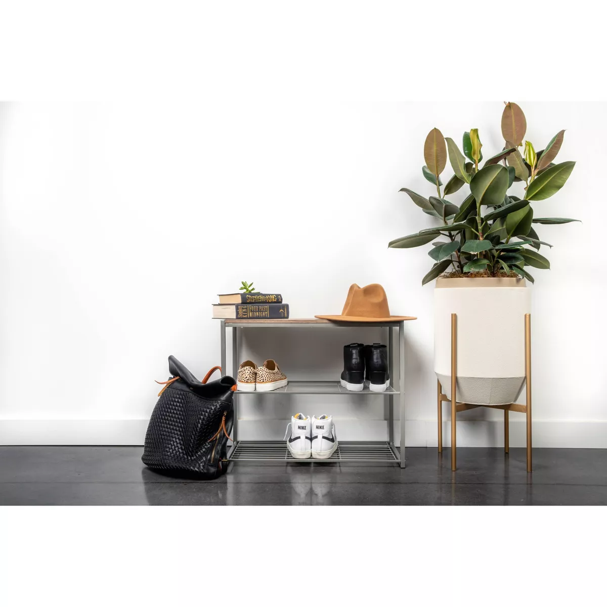 3 Tier Shoe Rack with Rustic Oak Finish Top Gray Metal - Threshold™