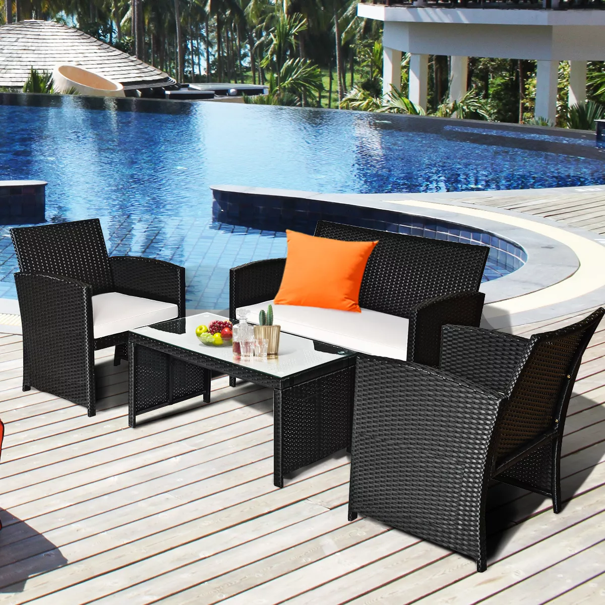 Costway 4PCS Patio Rattan Furniture Set Table &Sofa W/Cushion Garden Black