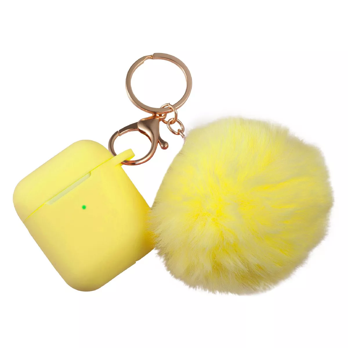 Insten Fluffy Pom Pom Case For Airpods 1 / 2, Silicone Carry Case with Keychain & Anti-Lost Strap, Soft Touch Protective Skin Cover, Yellow