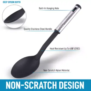 Zulay Kitchen Nylon Serving Spoon - Cooking Spoon with 410°F Heat Resistant Handle - Large Kitchen Serving Spoon For Soups, Stews, and Sauces - Non-Scratch and Nonstick Black Nylon Kitchen Spoon