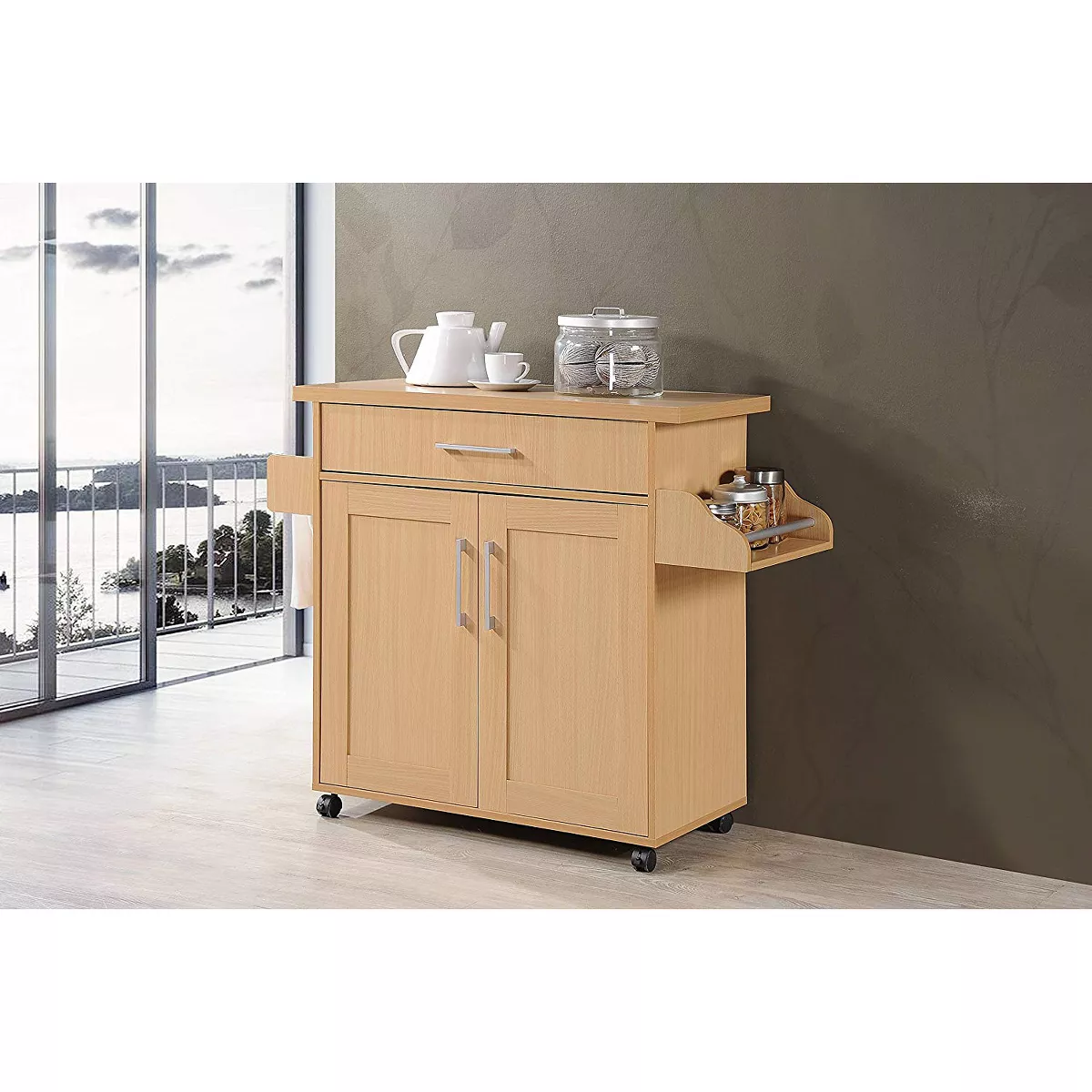 Hodedah Wheeled Kitchen Dining Room Island Cart with Large Spice Rack and Towel Holder, Beech