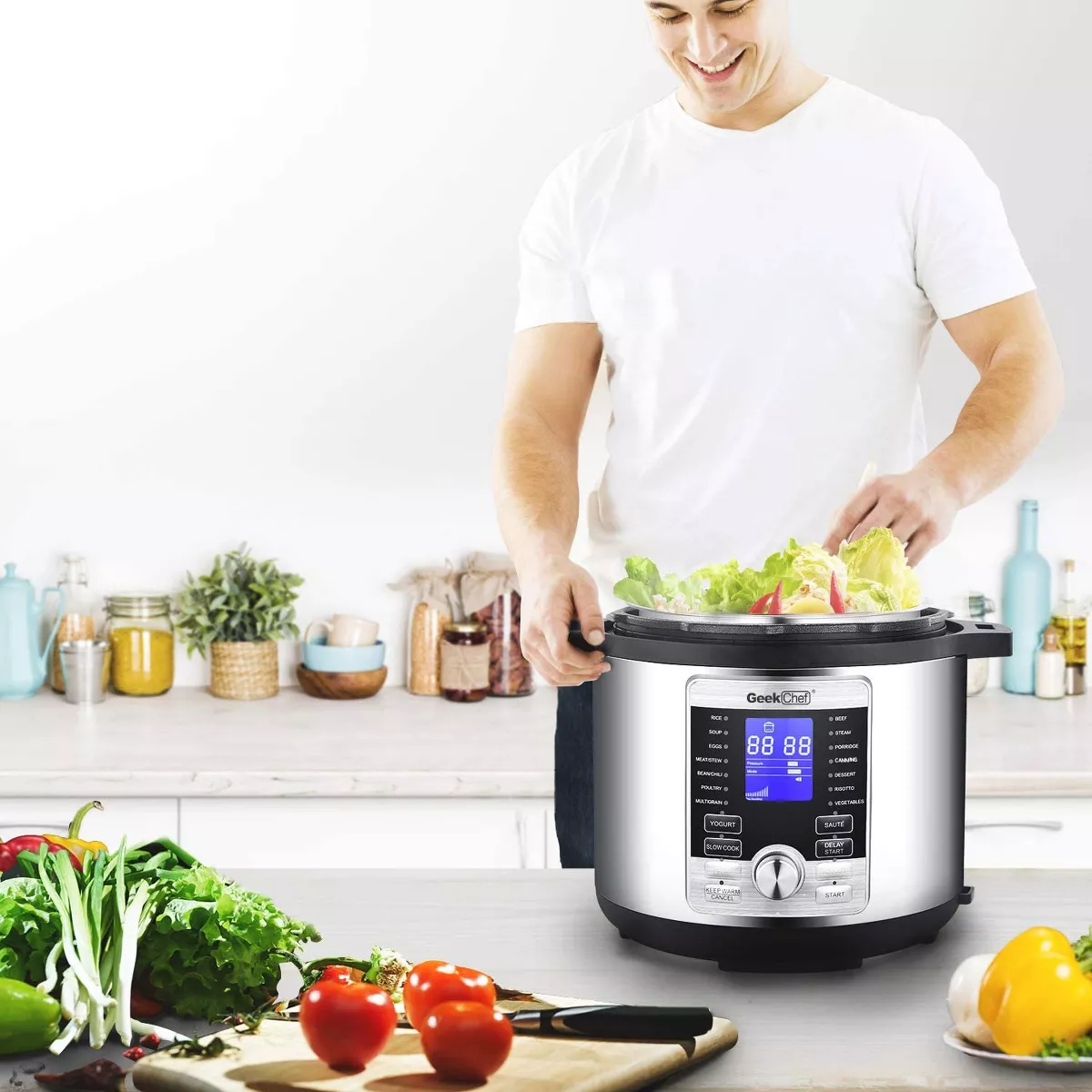 Geek Chef GP60D 6 Quart 17 in 1 Electric Pressure Cooker Sous Vide Digital Slow Cooker with Accessories, LCD Display, and 11 Safety Features