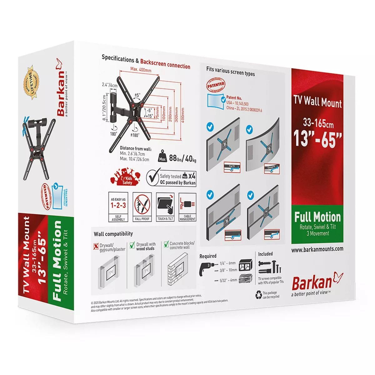 Barkan 13 - 65" Full Motion - 3 Movement Flat / Curved TV Wall Mount Black