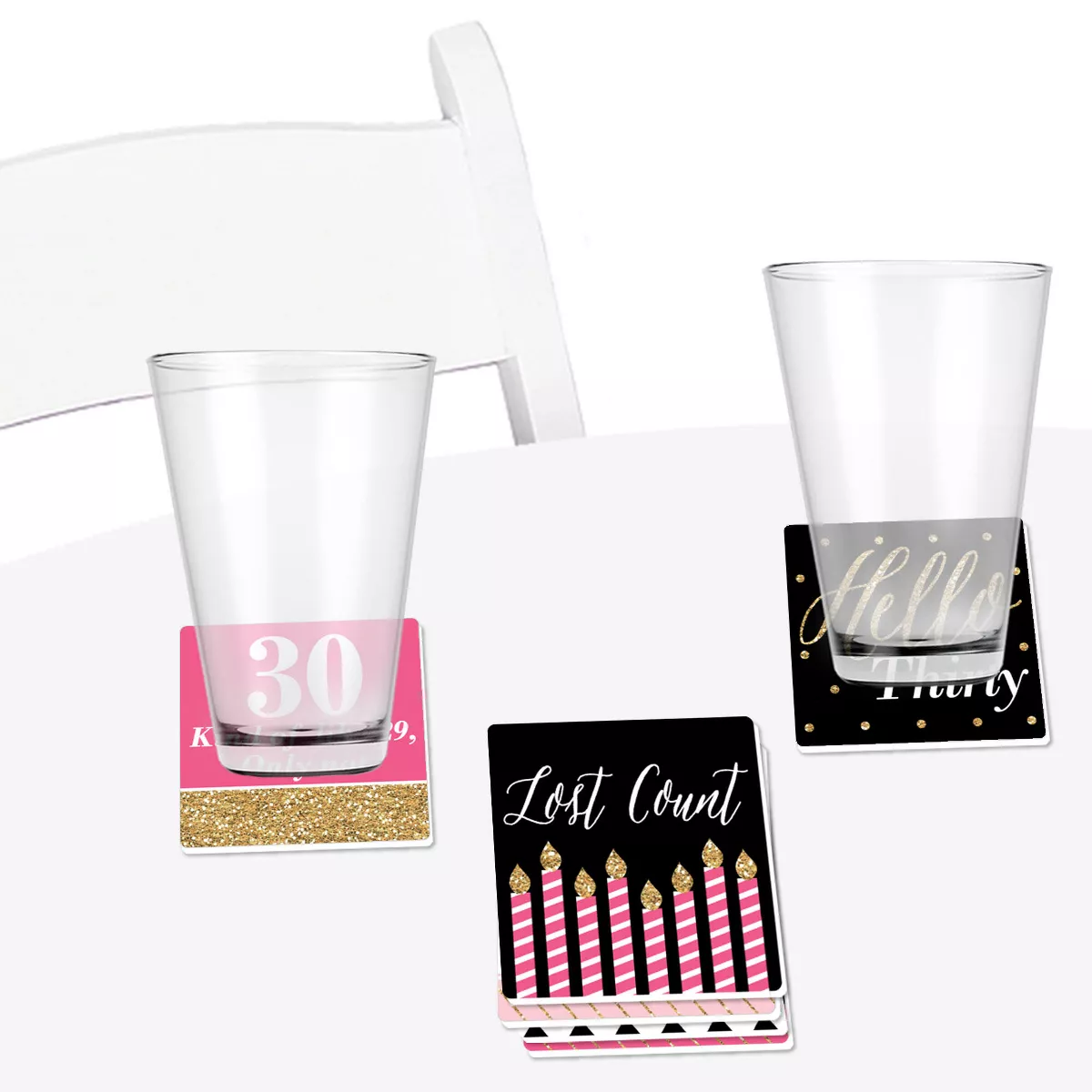 Big Dot of Happiness Chic 30th Birthday - Pink, Black and Gold - Funny Birthday Party Decorations - Drink Coasters - Set of 6