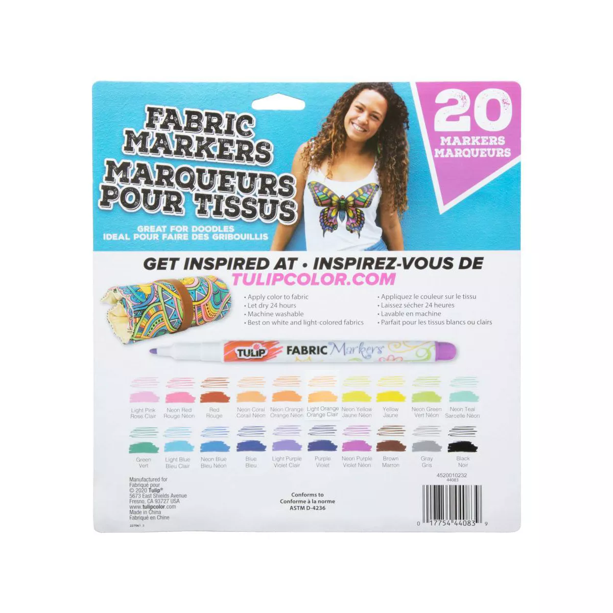 Tulip 20ct Fine Tip Fabric Markers with Roll-Up Case - Rainbow