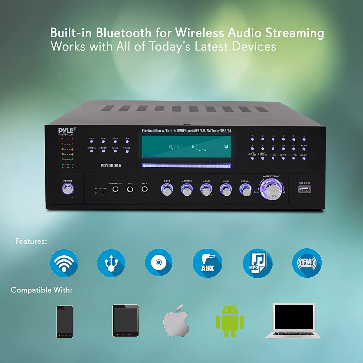 Pyle 2 x PD1000BA Bluetooth 4 Channel Home Audio Receiver Pre Amplifier Stereo Sound System with CD/DVD Player, USB, AUX, and 2 Mic Inputs (2 Pack)