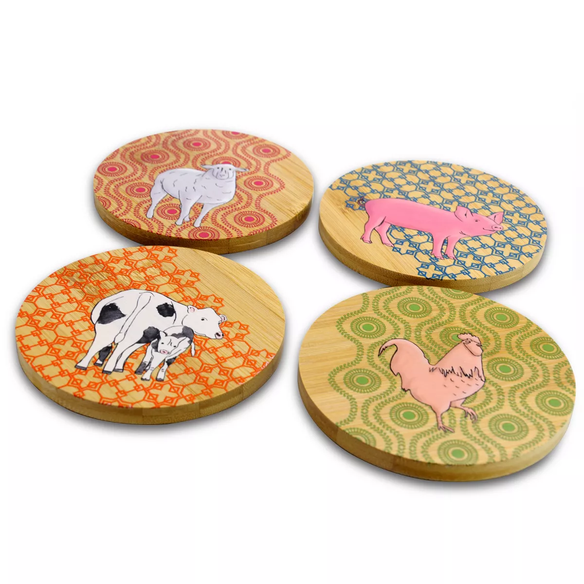 Gibson Urban Market 4 Piece Bamboo Coaster Set with Decorative Farm Animals