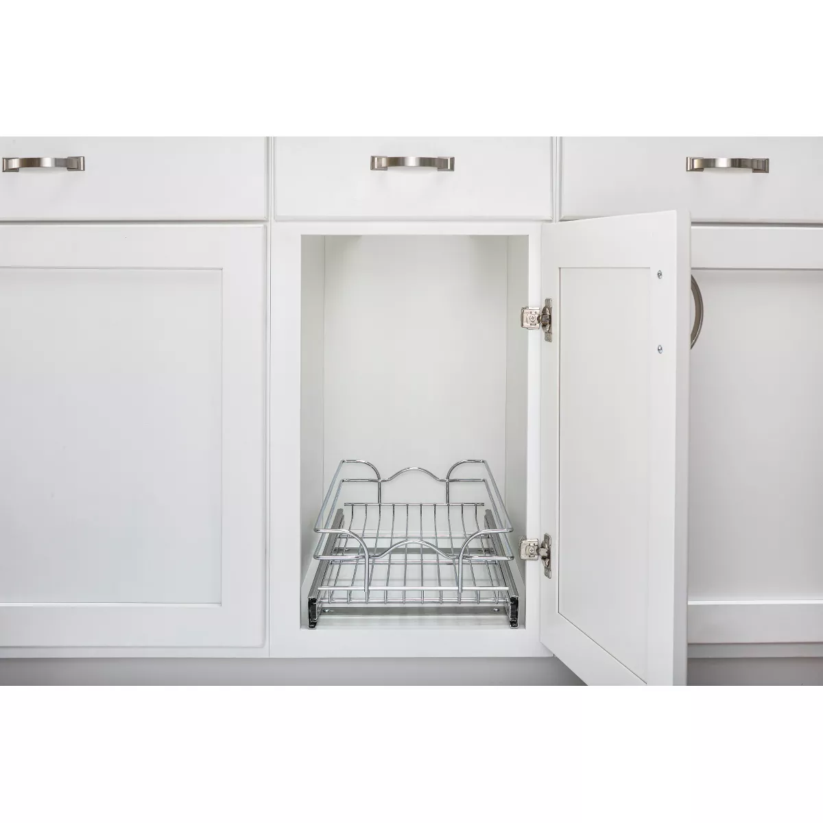 Rev-A-Shelf 5WB1-0918CR-1 9 Inch Width x 18 Inch Depth Single Wire Basket Pull Out Shelf Storage Organizer for Kitchen Base Cabinets, Silver
