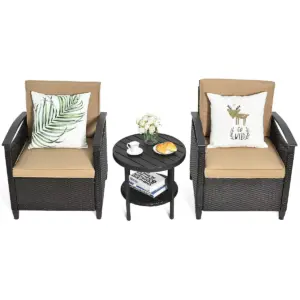 Costway 3PCS Patio Rattan Furniture Set Cushioned Sofa Storage Table W/ Shelf Garden