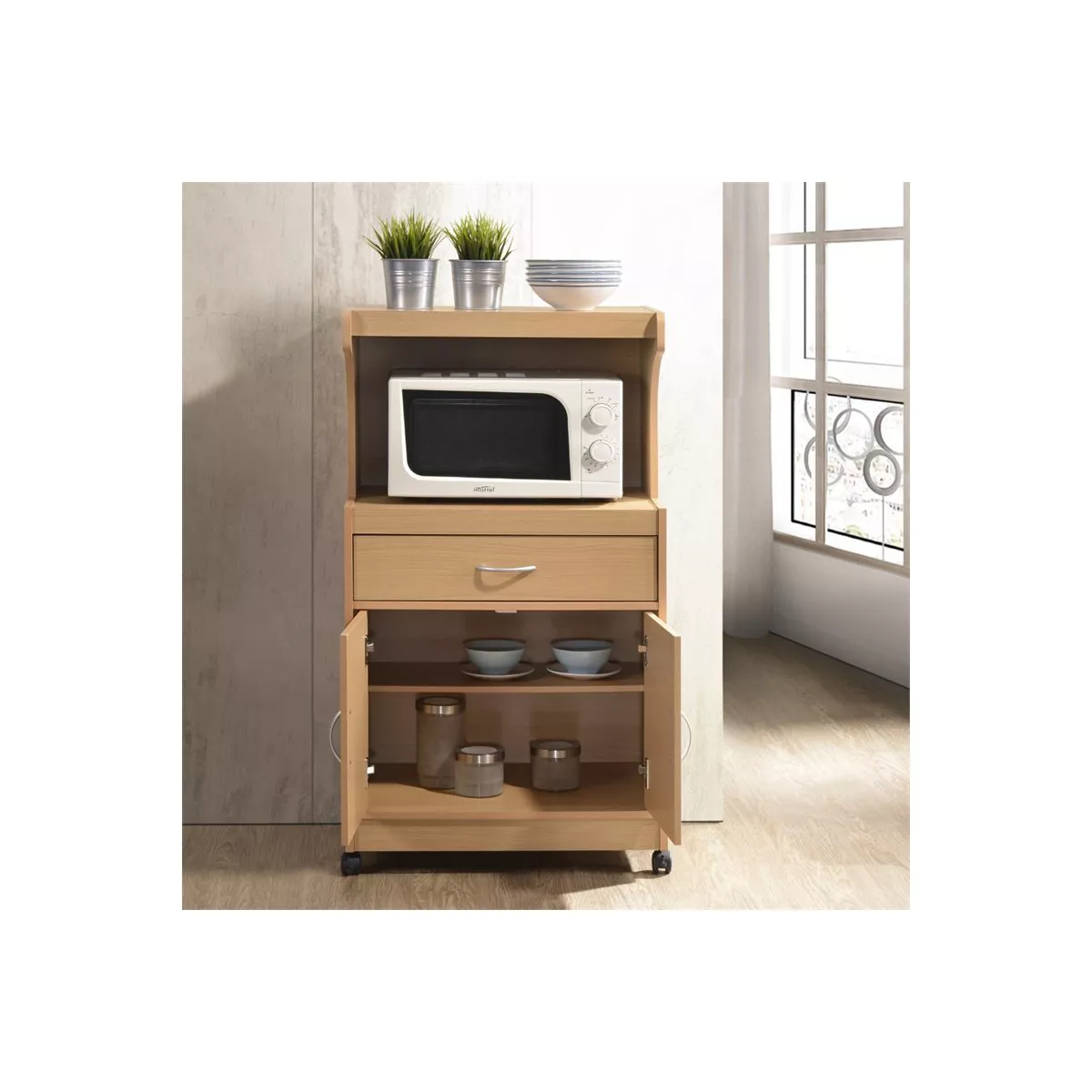 Microwave Kitchen Cart in Beech Brown - Hodedah