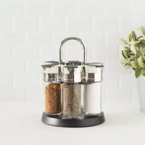 Home Basics Compact Carousel 6-Jar Spice Rack with Steel Carrying Handle, Black