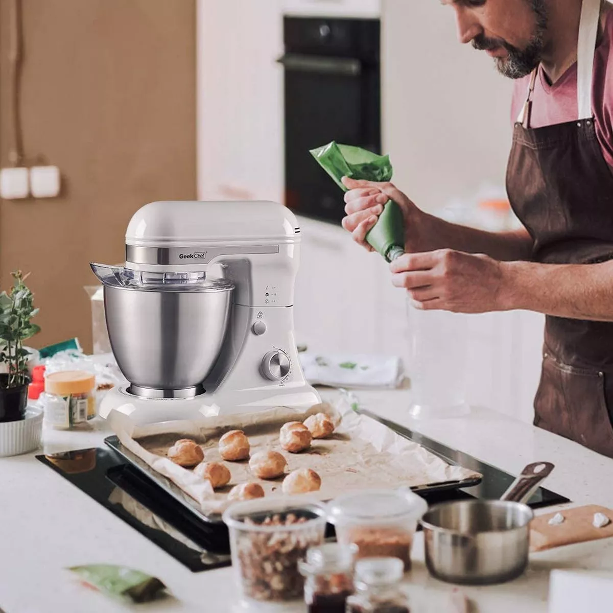 Geek Chef GSM45W Stainless Steel 4.8 Quart Bowl 12 Speed Kitchen Countertop Baking Food Stand Mixer with Beater Paddle, Dough Hook, and Whisk, White