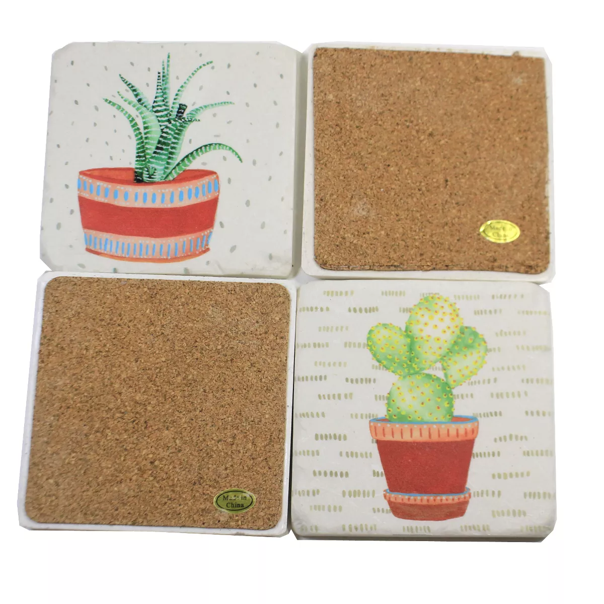 Tabletop 3.75" Cactus Coaster 4 Pc Set Plants Square Cork Back Neutral Ganz - Coasters