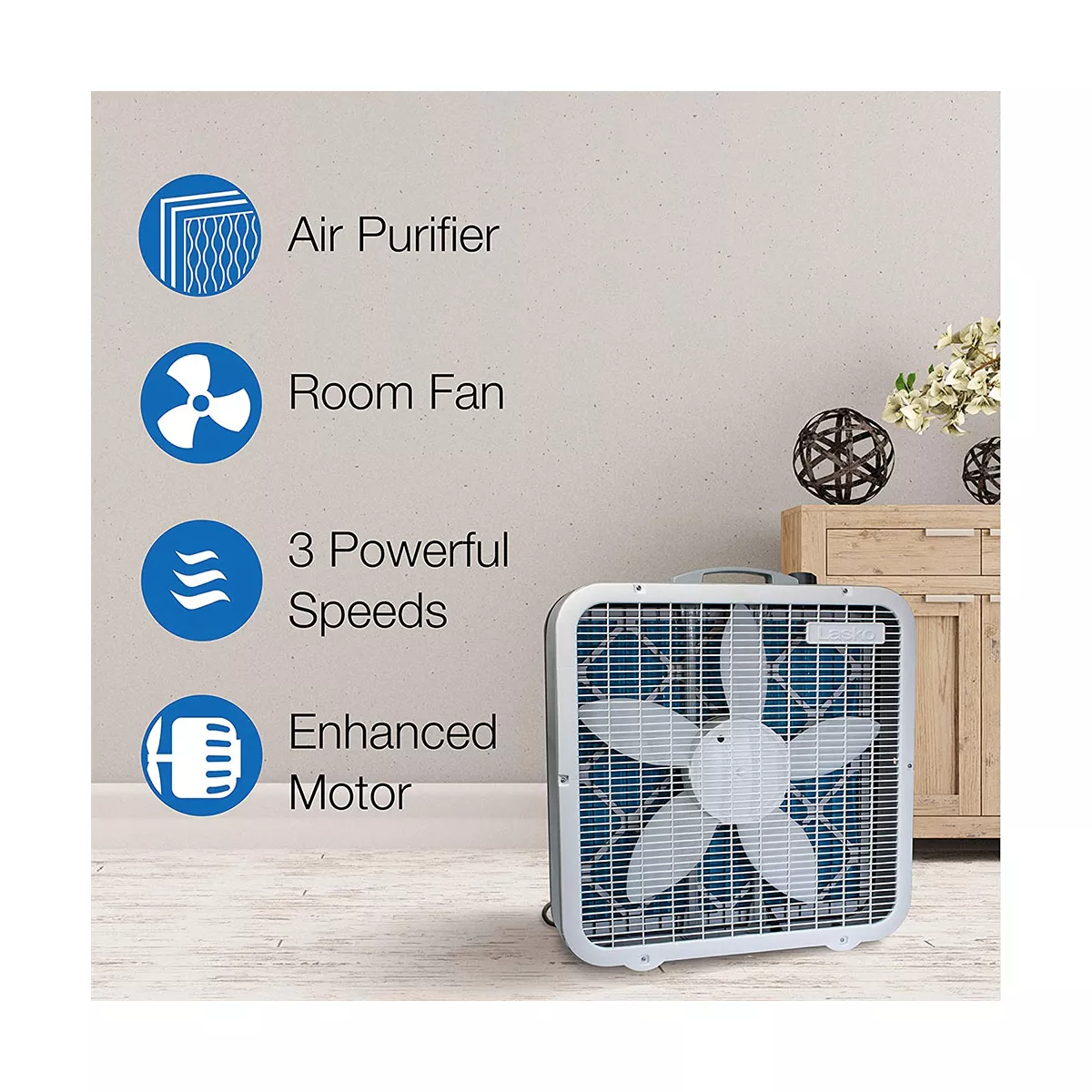 Lasko Air Flex Steel Portable Home Office 3 Speed Air Purifier Machine Box Room Fan with 5 Blades, Manual Ergonomic Control Knob, & 6 Foot Cord, White