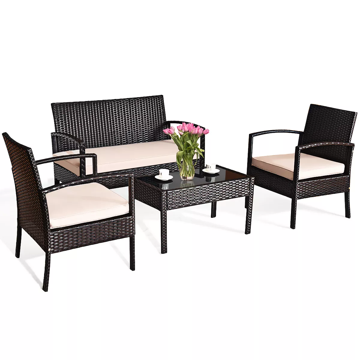 Costway 4PCS Patio Rattan Conversation Furniture Set Cushioned Seat Glass Table