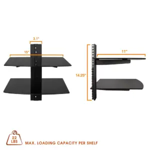 MegaMounts Tempered Glass Double Shelf Single Stud Wall Mount
