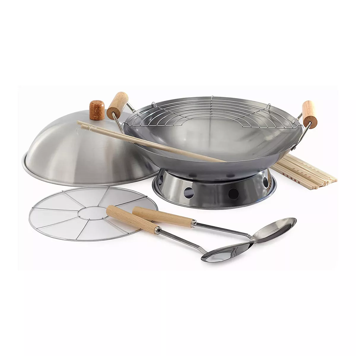 Norpro 10 Piece 14 Inch Carbon Steel Stir Fry Cooking Pan Wok Set with Racks, Chopstick, Turner, Ladle and Lid for Gas and Electric Stove
